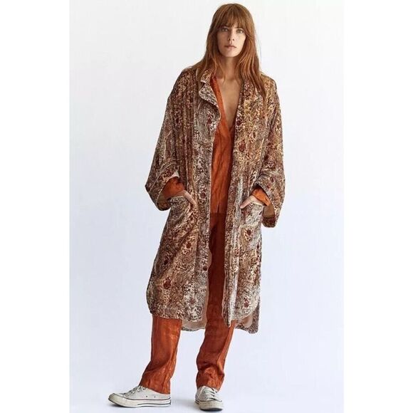 Free People Sweet Escape Boho Paisley Floral Printed Velvet Trench Duster Large - Picture 1 of 14